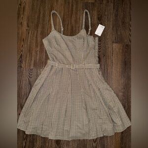 Retro-Classic Brown, Navy and White Midi Dress with Decorative Belt